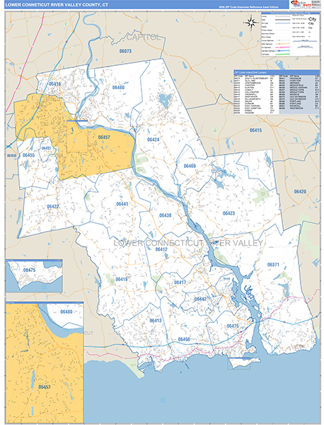 Lower Connecticut River Valley County, CT Carrier Route Wall Map